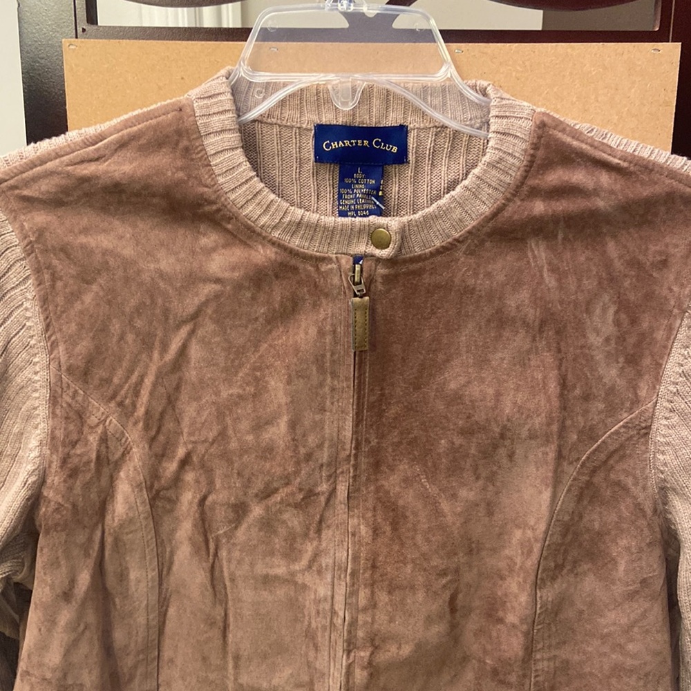 NWT Charter Club brown suede sweater jacket L